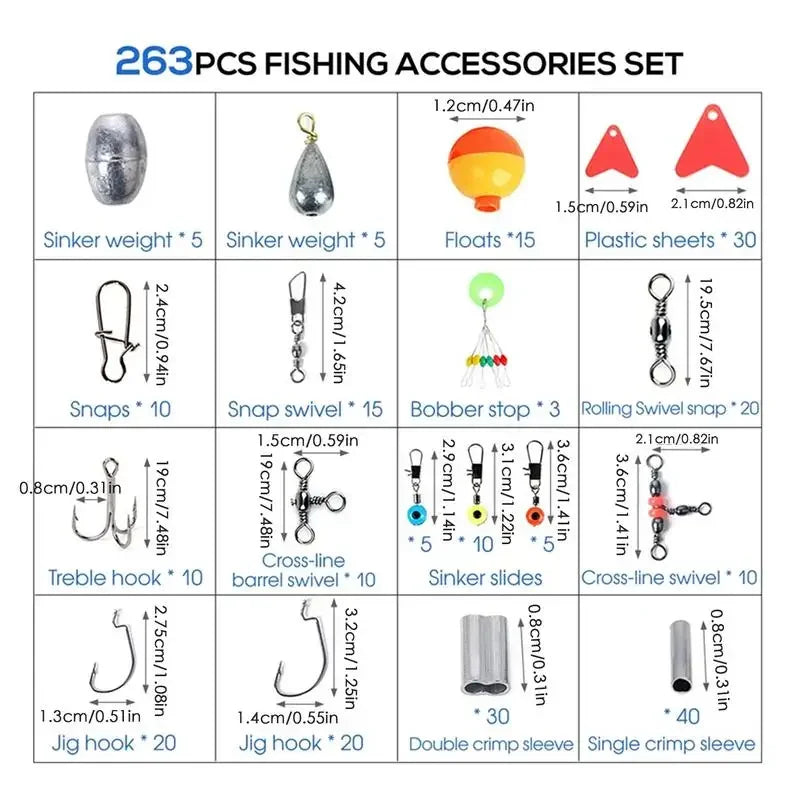 263pcs/Set Fishing Tackle Box With Plier Jig  Sinker Weight Rolling Swivels Snaps Sinker Slides Float Fishing Equipment set