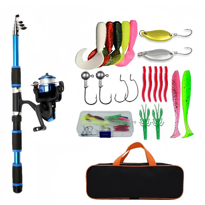 Fishing Pole Set Full Kits With Telescopic Fishing Rod And Spinning Reel Baits Hooks Travel Pole Set