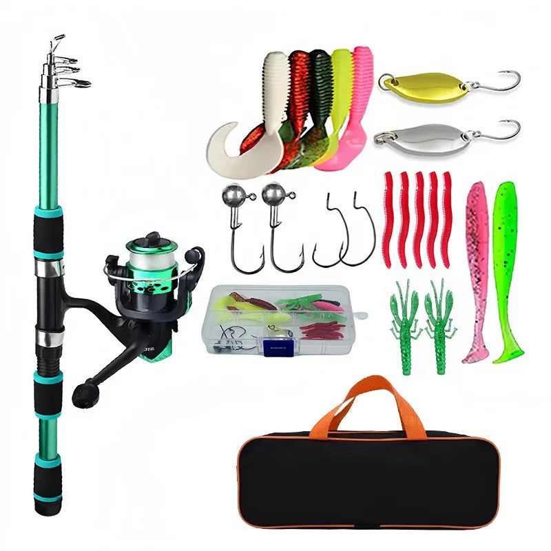 Fishing Pole Set Full Kits With Telescopic Fishing Rod And Spinning Reel Baits Hooks Travel Pole Set